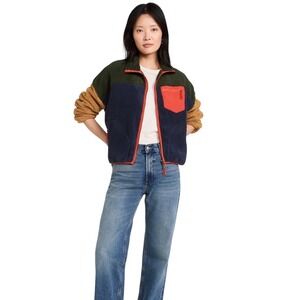 The Great Outdoors Sherpa  Jacket Colorblock Full Zip Green Navy Tan Womens M